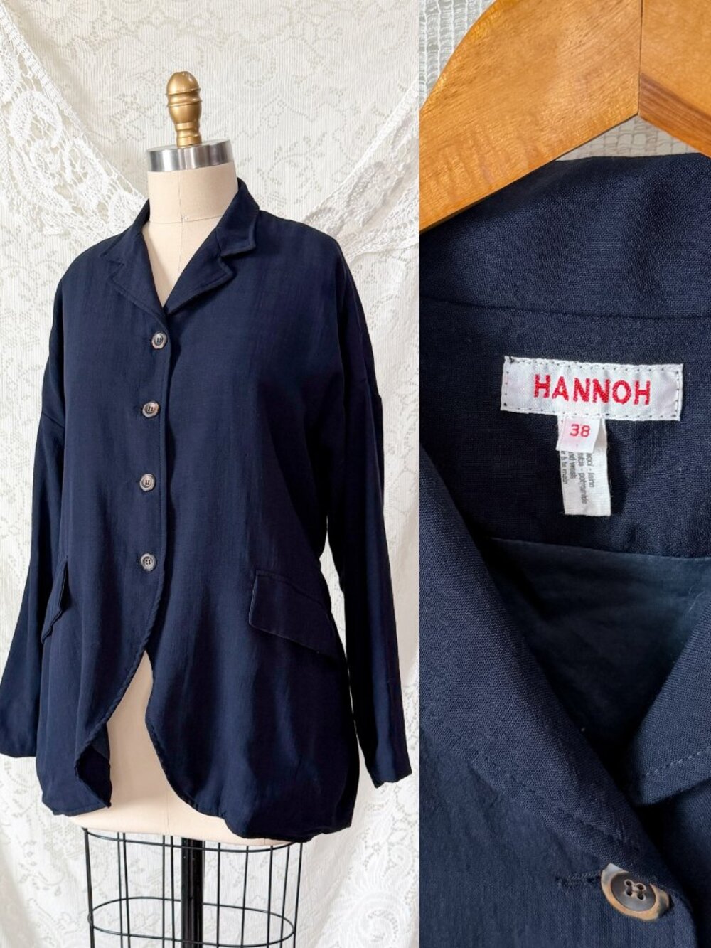 Hannoh Wessel Navy Blue Wool Blend Blazer Jacket with Ribbon Waist (38 F or M)